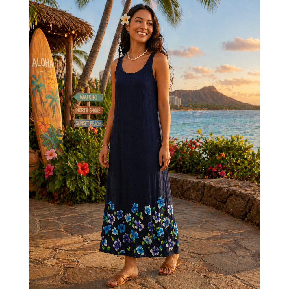 Vintage Hawaiian Maxi Dress Women XS Floral Navy Blue Tropical Boho USA Made